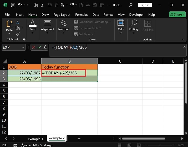 Calculate Age in Excel using TODAY Function1
