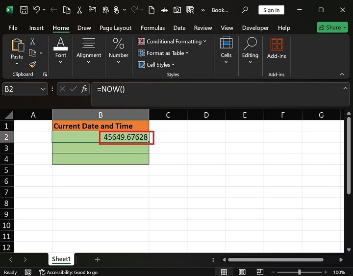 NOW Function to Obtain Excel Current Date and Time2