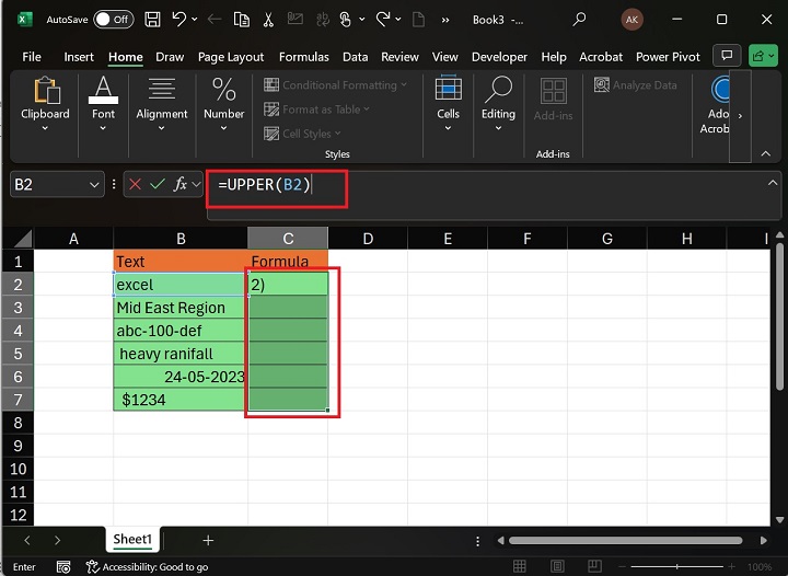 Use of UPPER function in Excel2
