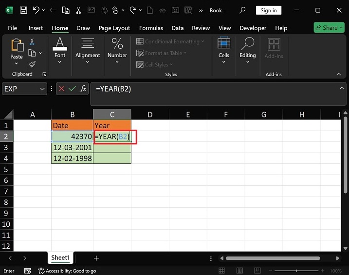 What does YEAR Function do in Excel2