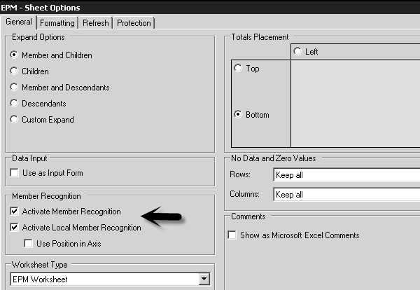 EPM Sheet Options
