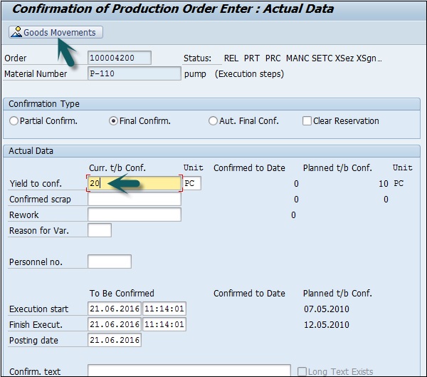 Confirmation of Production Order