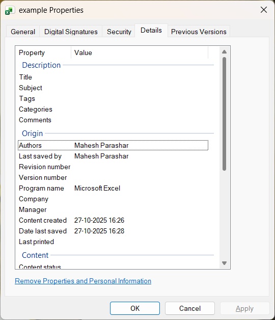 Excel Properties