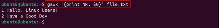 Add Line Numbers Using gawk Command
